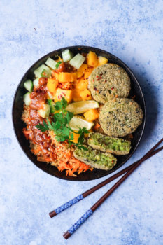 Pea & Wakame Seaweed Burgers with peanut, maple & ginger wok fried veg