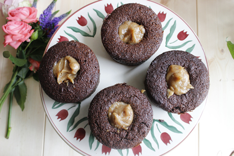 Caramel Centred Chocolate Muffins with Creamy Cacao Frosting
