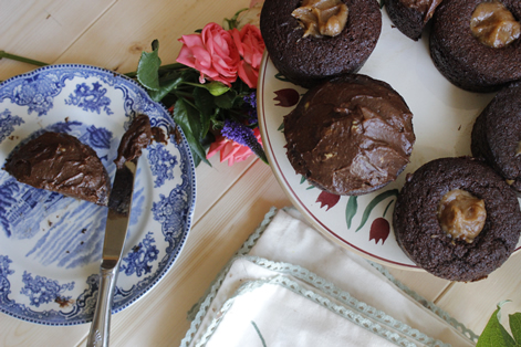 Caramel Centred Chocolate Muffins with Creamy Cacao Frosting