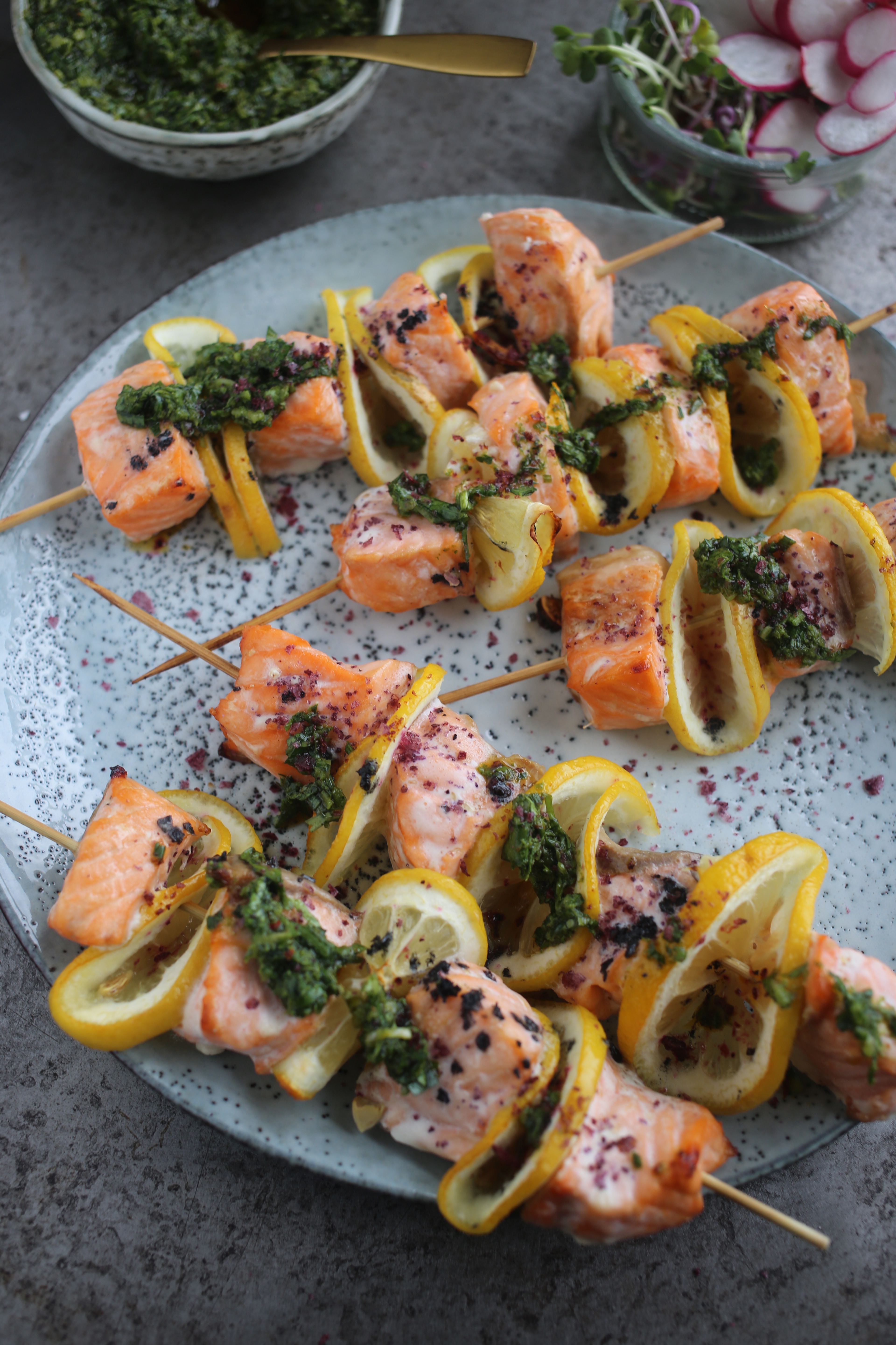 Prosciutto-Wrapped Salmon Skewers with Pesto