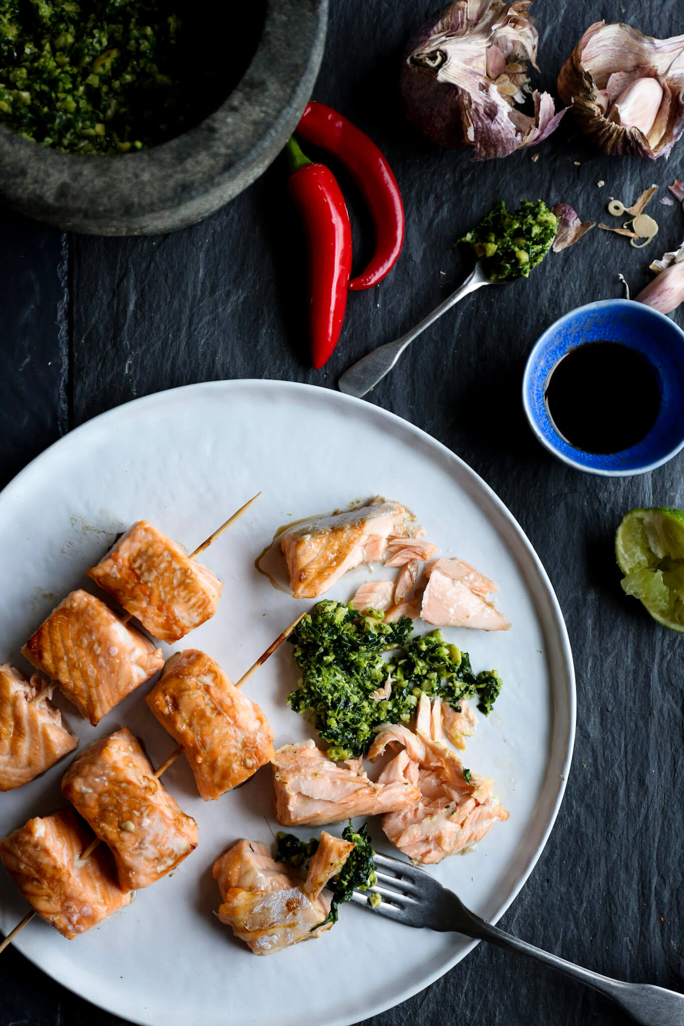 Asian Inspired Pesto with Baked Salmon Skewers
